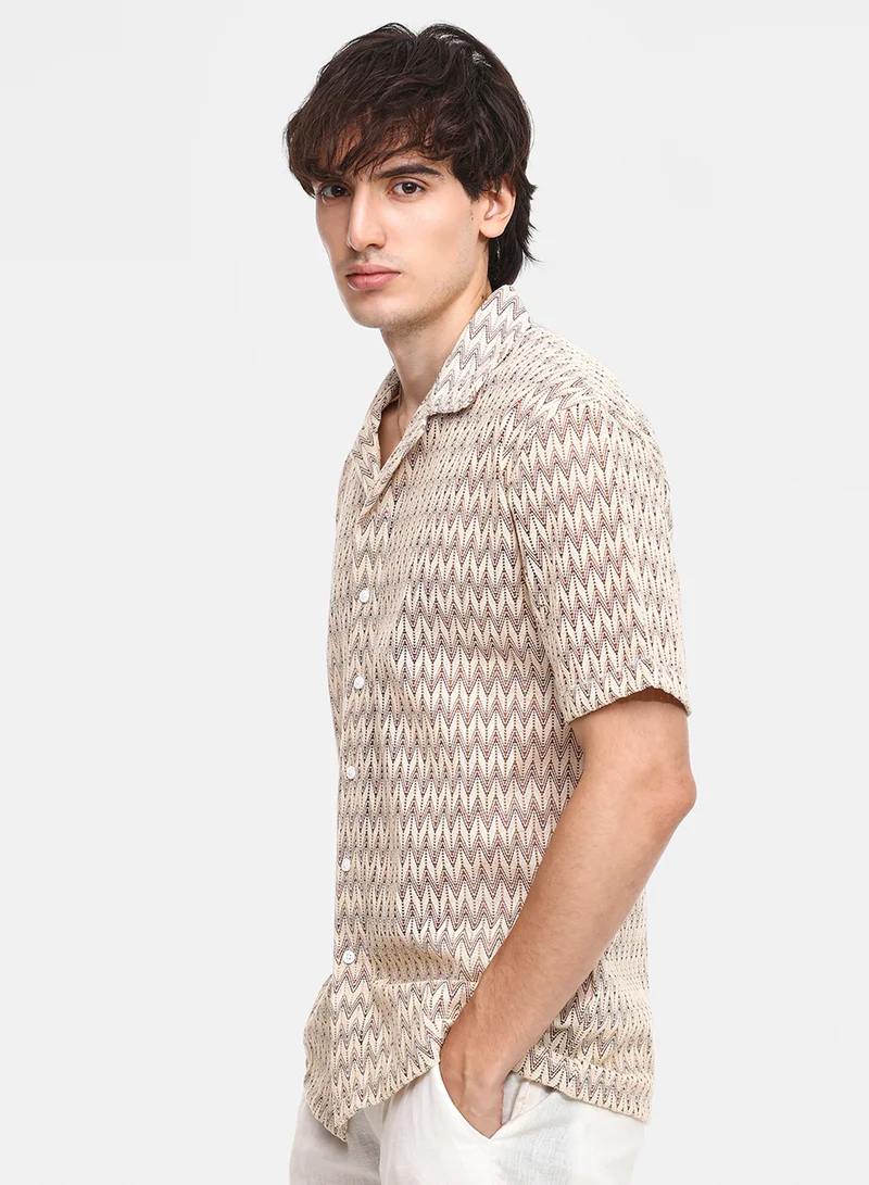 كامبوس سوترا Men's Canvas Beige Chevron-Knit Shirt