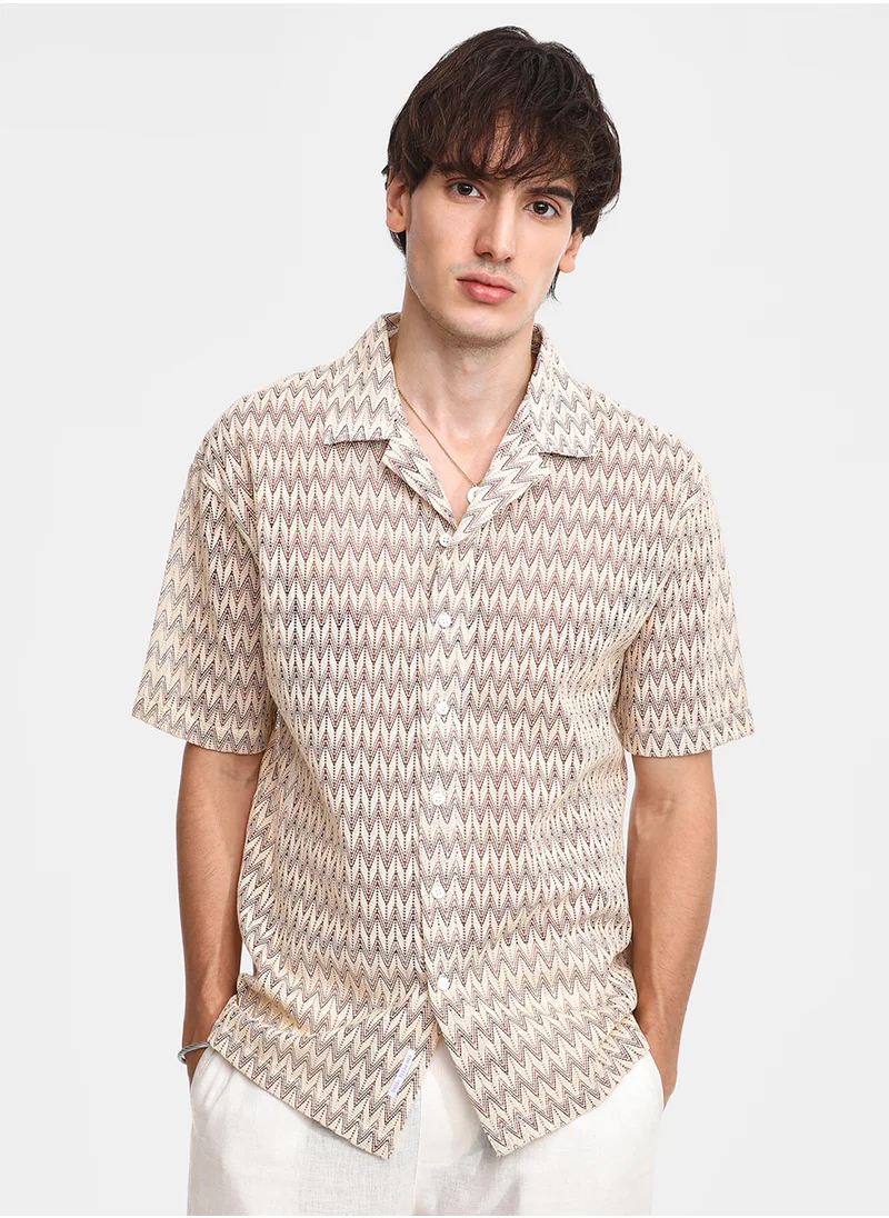 Campus Sutra Men's Canvas Beige Chevron-Knit Shirt