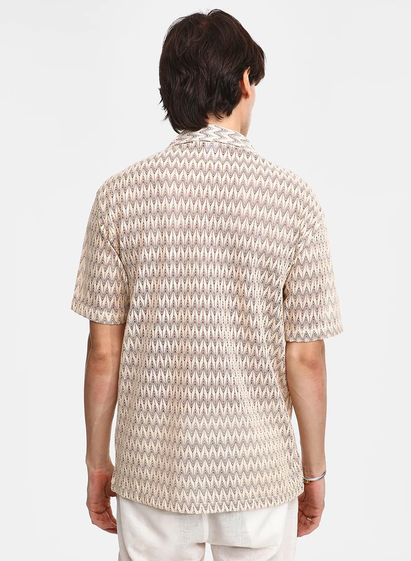 كامبوس سوترا Men's Canvas Beige Chevron-Knit Shirt