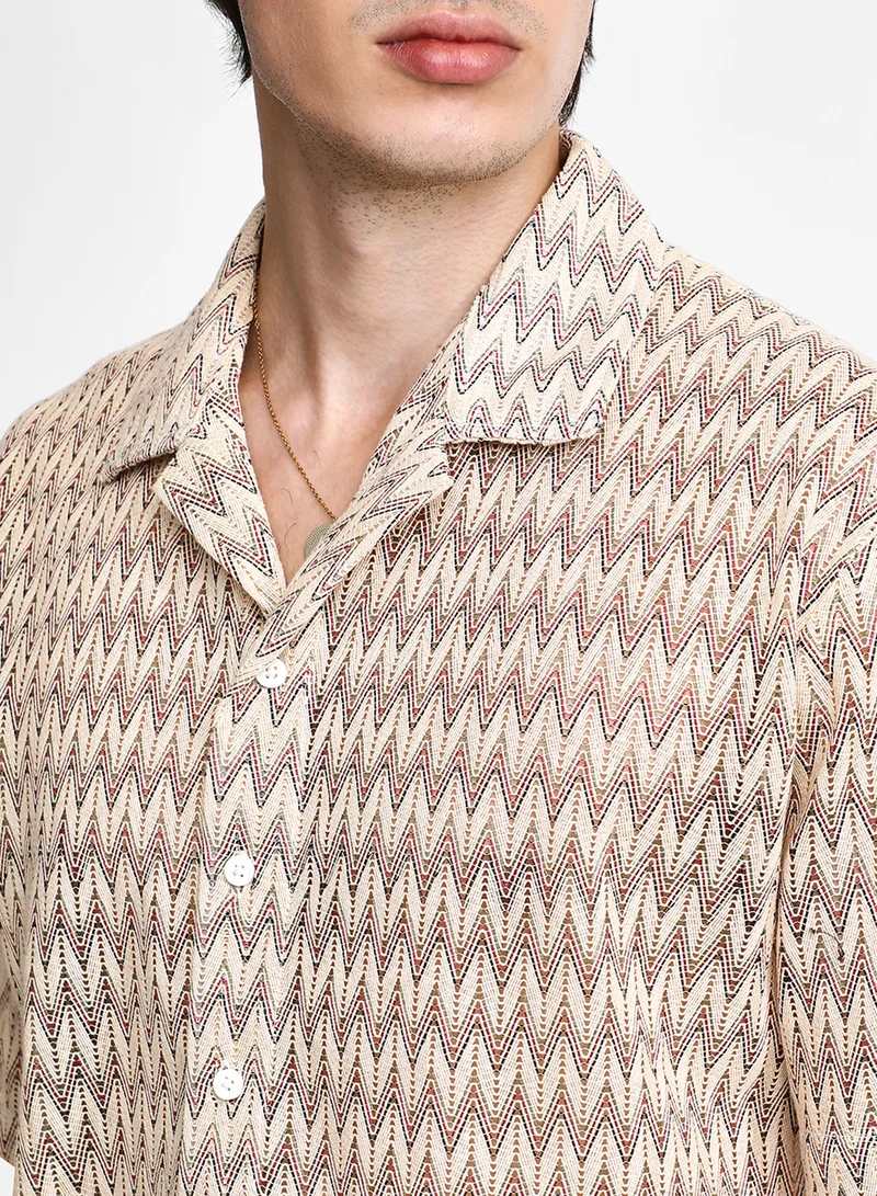 كامبوس سوترا Men's Canvas Beige Chevron-Knit Shirt