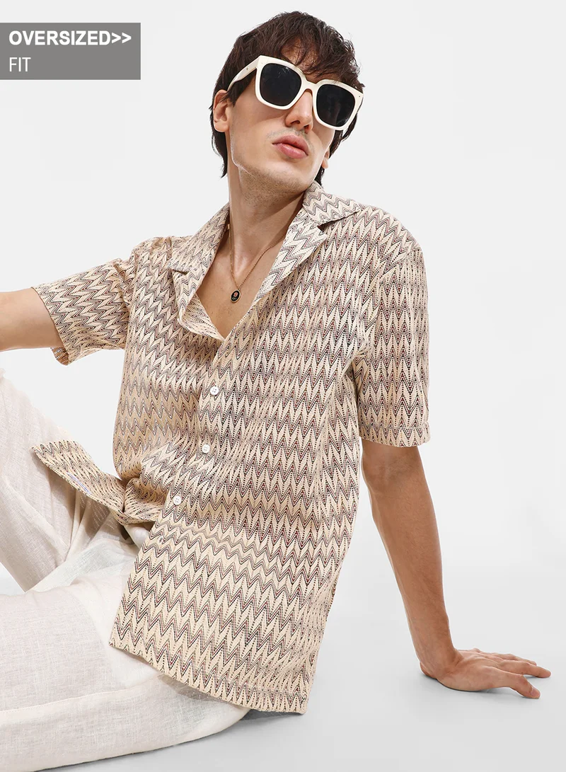 Campus Sutra Men's Canvas Beige Chevron-Knit Shirt