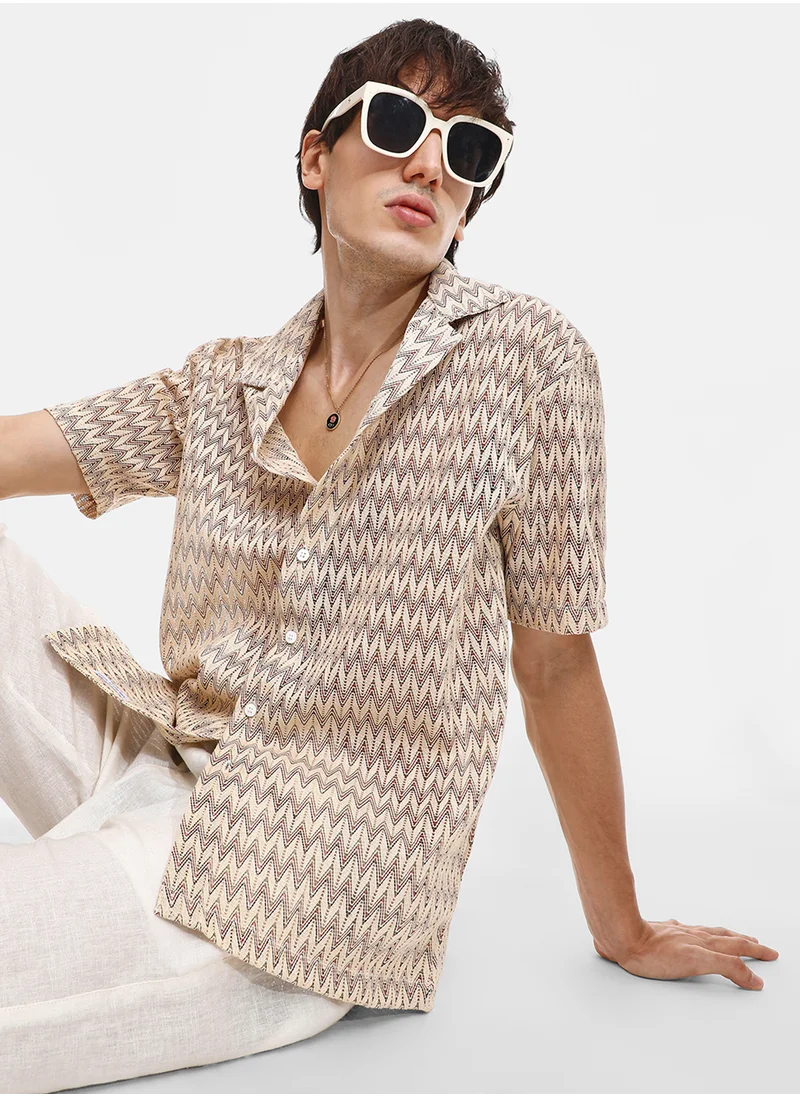 كامبوس سوترا Men's Canvas Beige Chevron-Knit Shirt