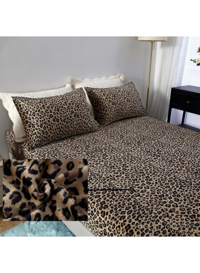 MAG 3Pcs Leopard Print Fleece Full Size Sheets Set,Microfiber Cheetah Brwon Full Size Bed Set,Romantic Fluffy Warm Super Soft for Women Men,with 1*Fitted Sheet + 2*Pillowcases. - Image 1