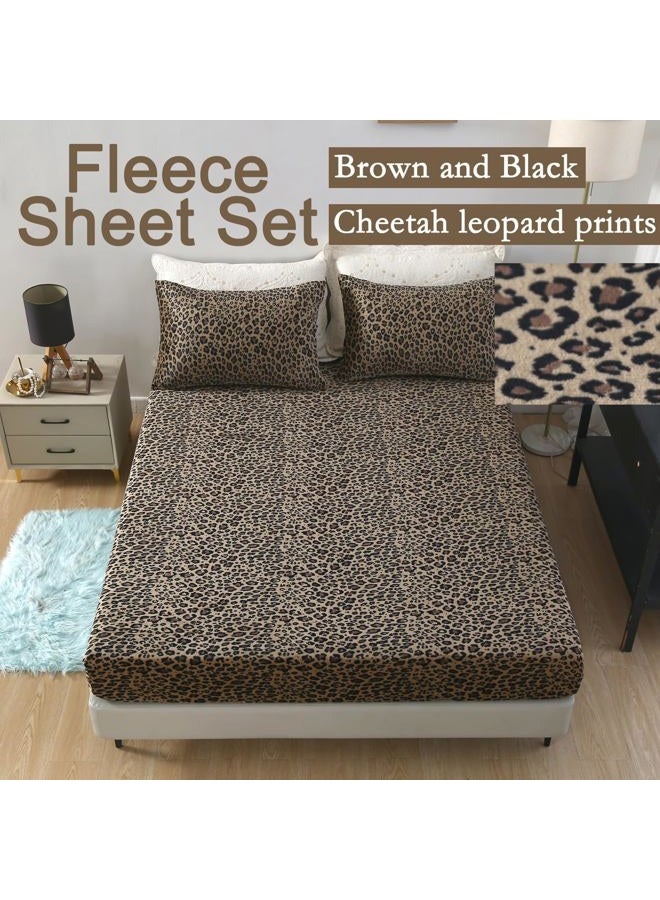 MAG 3Pcs Leopard Print Fleece Full Size Sheets Set,Microfiber Cheetah Brwon Full Size Bed Set,Romantic Fluffy Warm Super Soft for Women Men,with 1*Fitted Sheet + 2*Pillowcases. - Image 2