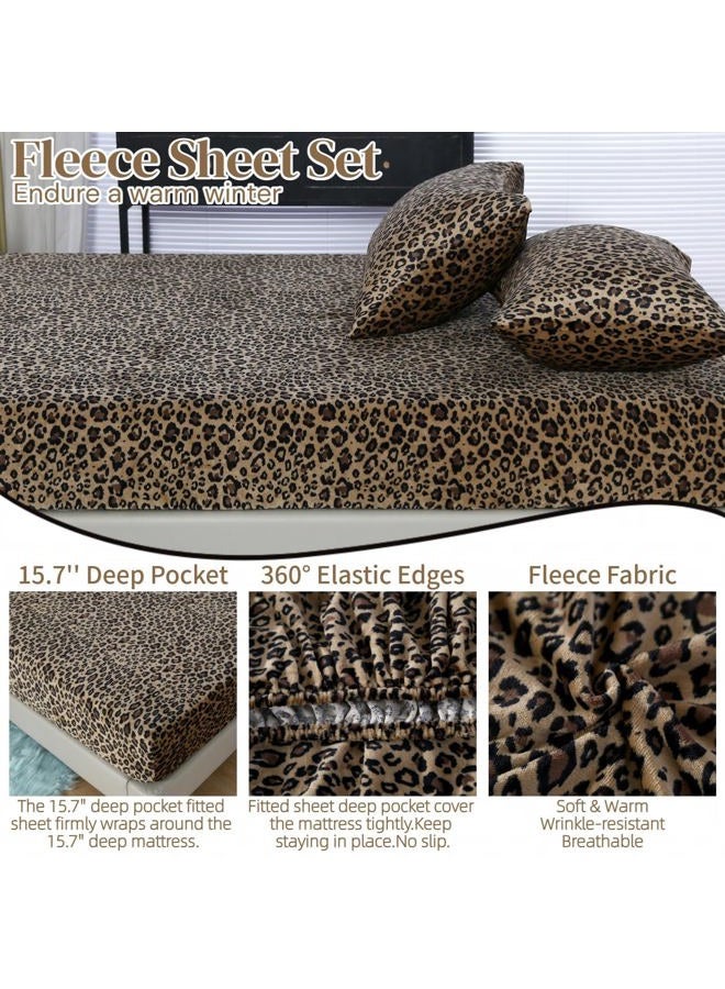 MAG 3Pcs Leopard Print Fleece Full Size Sheets Set,Microfiber Cheetah Brwon Full Size Bed Set,Romantic Fluffy Warm Super Soft for Women Men,with 1*Fitted Sheet + 2*Pillowcases. - Image 3