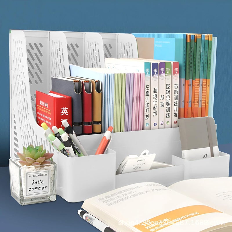 DaKos Plastic 4 Compartments File Rack Paper Holder, Desktop Organizers, Letter Organizer with Pen Holder, Magazine Book Holder Organizer (White, Pack of 2) - Image 5