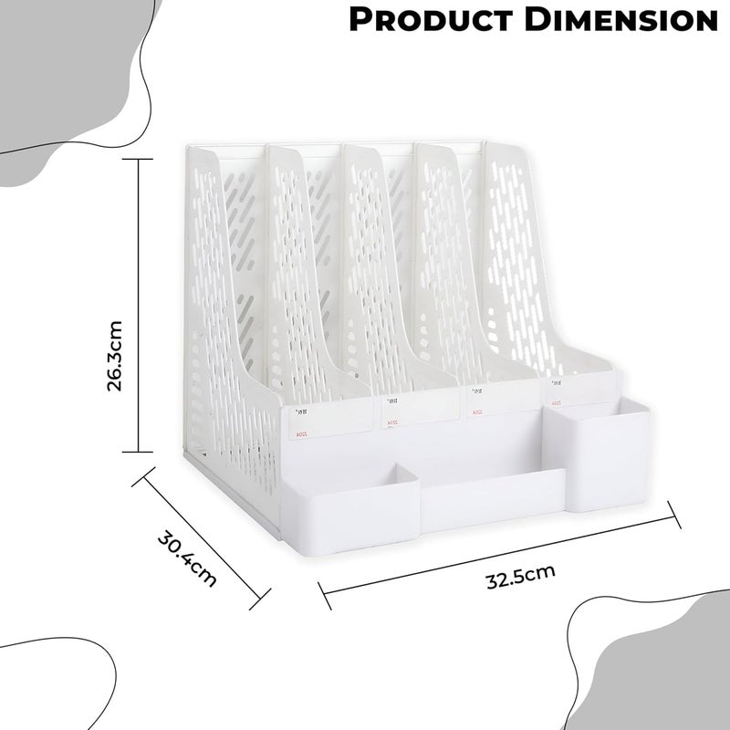 DaKos Plastic 4 Compartments File Rack Paper Holder, Desktop Organizers, Letter Organizer with Pen Holder, Magazine Book Holder Organizer (White, Pack of 2) - Image 3