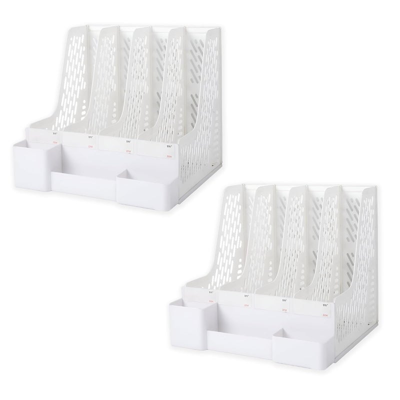 DaKos Plastic 4 Compartments File Rack Paper Holder, Desktop Organizers, Letter Organizer with Pen Holder, Magazine Book Holder Organizer (White, Pack of 2) - Image 1