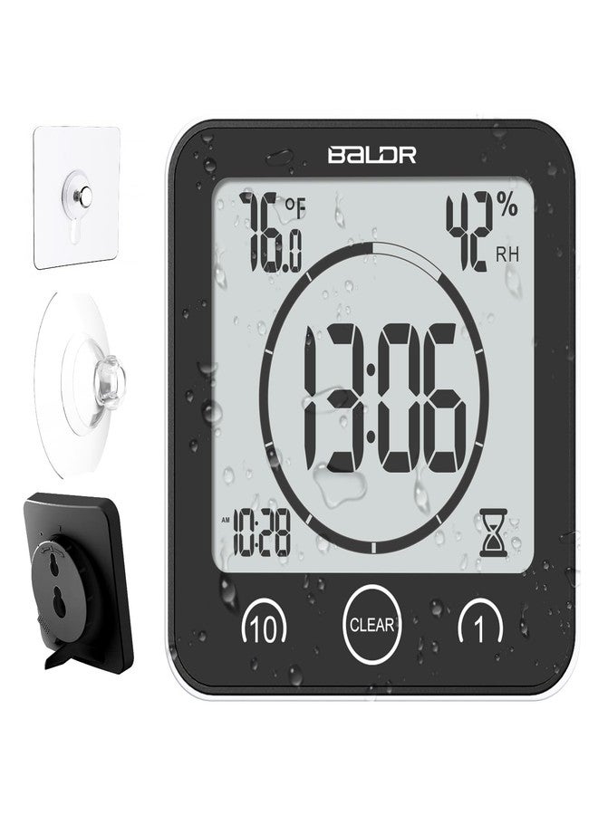 Baldr Shower Clock Waterproof Bathroom Clock with Timer/Temperature/Humidity, Digital Timers for Kids and Adults, Bath Kitchen Study, Black - Image 1