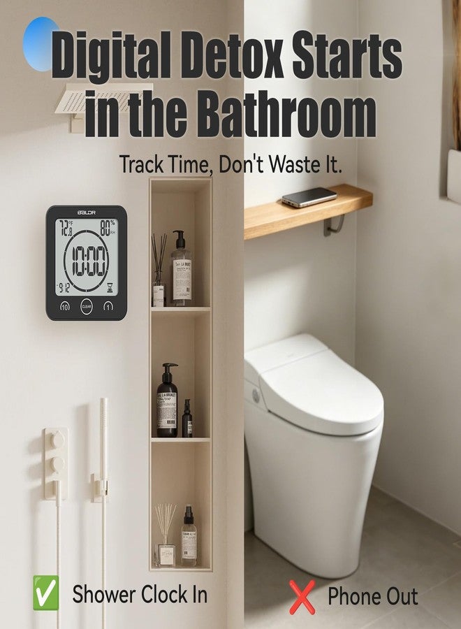 Baldr Shower Clock Waterproof Bathroom Clock with Timer/Temperature/Humidity, Digital Timers for Kids and Adults, Bath Kitchen Study, Black - Image 3