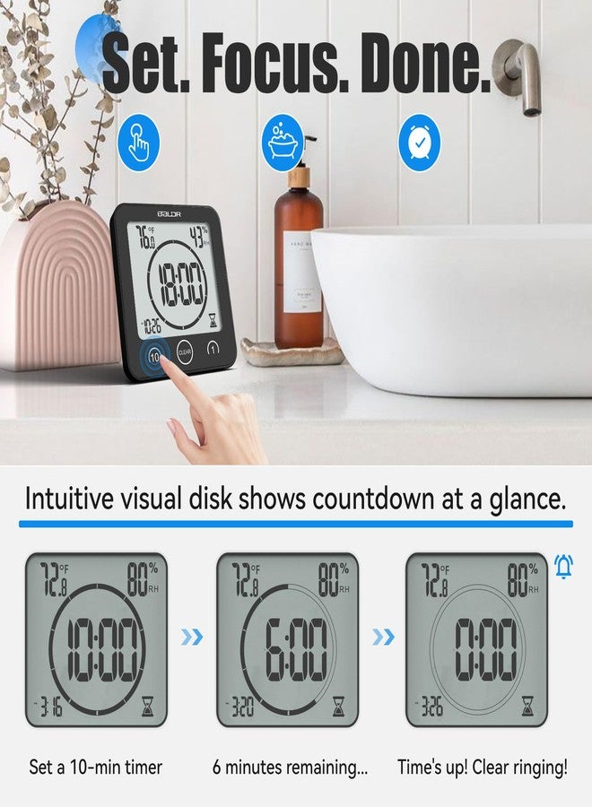 Baldr Shower Clock Waterproof Bathroom Clock with Timer/Temperature/Humidity, Digital Timers for Kids and Adults, Bath Kitchen Study, Black - Image 4