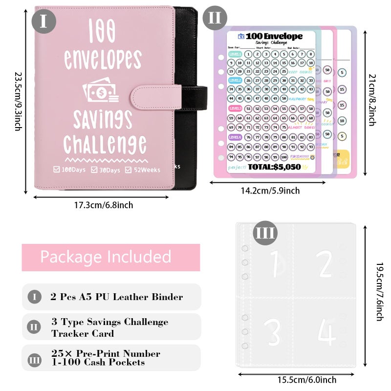 VAZOCA 2 Pack 100 Envelopes Money Saving Challenge, Cash Budget Planner A5 Binder, Savings Challenges Book Organizer Folder, with 3 Tracker to Save $5,050 and $2,600, $300, 100 Pre-numbered Pockets, Pink & Black - Image 2