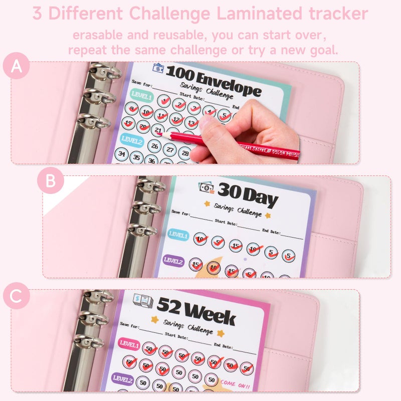 VAZOCA 2 Pack 100 Envelopes Money Saving Challenge, Cash Budget Planner A5 Binder, Savings Challenges Book Organizer Folder, with 3 Tracker to Save $5,050 and $2,600, $300, 100 Pre-numbered Pockets, Pink & Black - Image 3