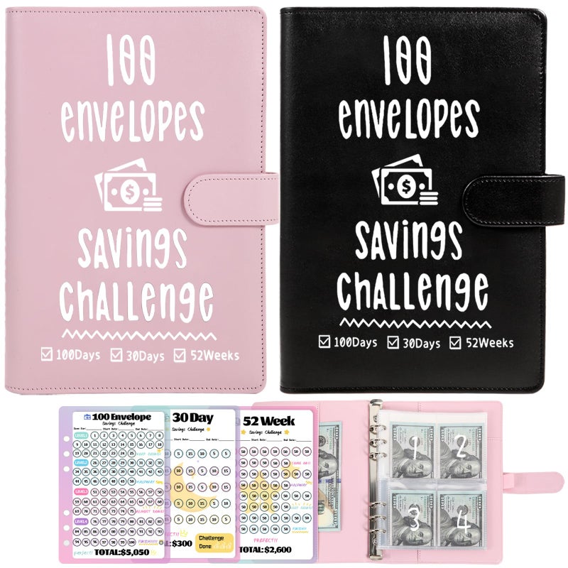 VAZOCA 2 Pack 100 Envelopes Money Saving Challenge, Cash Budget Planner A5 Binder, Savings Challenges Book Organizer Folder, with 3 Tracker to Save $5,050 and $2,600, $300, 100 Pre-numbered Pockets, Pink & Black - Image 1