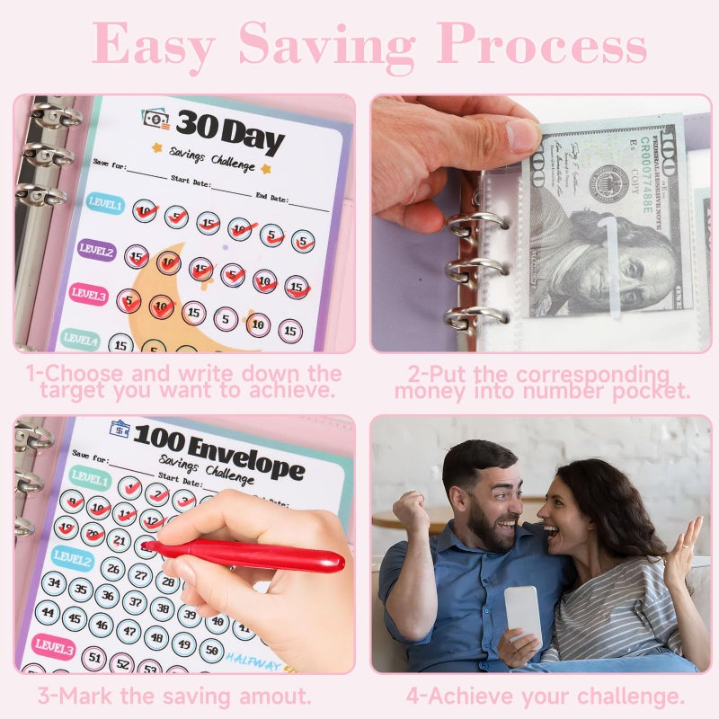 VAZOCA 2 Pack 100 Envelopes Money Saving Challenge, Cash Budget Planner A5 Binder, Savings Challenges Book Organizer Folder, with 3 Tracker to Save $5,050 and $2,600, $300, 100 Pre-numbered Pockets, Pink & Black - Image 4