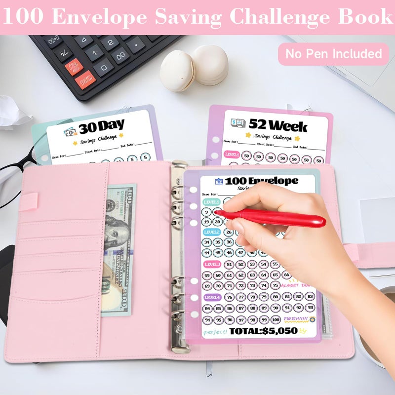 VAZOCA 2 Pack 100 Envelopes Money Saving Challenge, Cash Budget Planner A5 Binder, Savings Challenges Book Organizer Folder, with 3 Tracker to Save $5,050 and $2,600, $300, 100 Pre-numbered Pockets, Pink & Black - Image 5