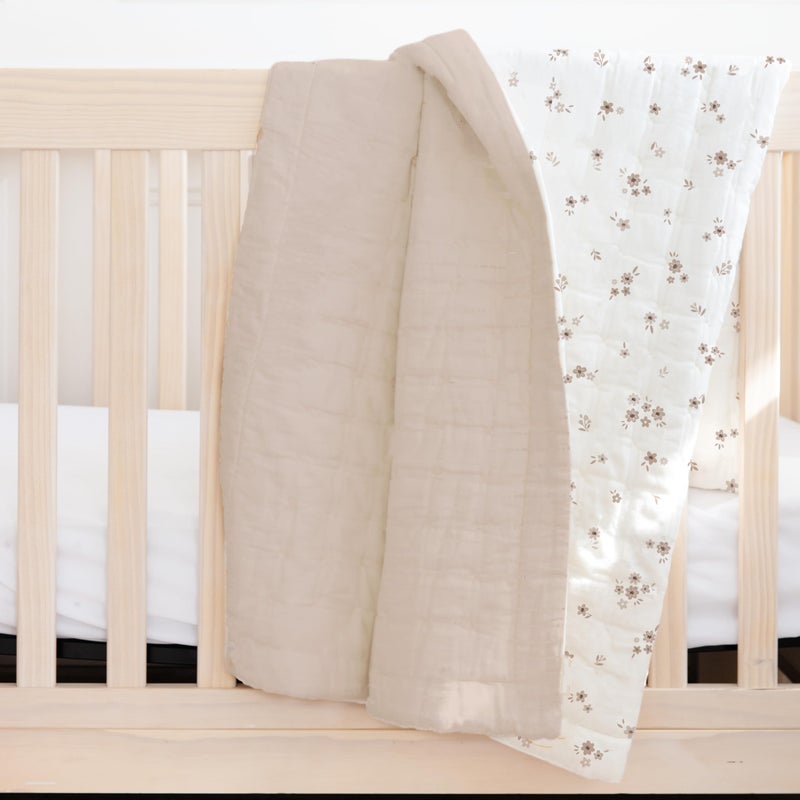 MakeMake Organics Organic Toddler Comforter GOTS Certified Organic Kids Blanket Cotton Infill Tufted - Reversible Ultra Soft Breathable Boys Girls (44"x60", Bloom + Solid Pecan) - Image 3