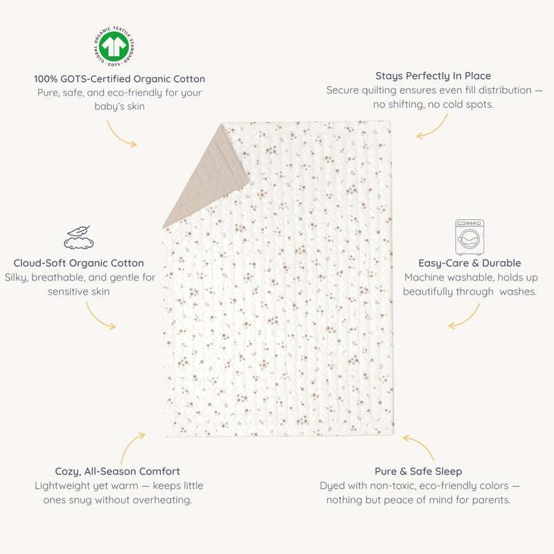 MakeMake Organics Organic Toddler Comforter GOTS Certified Organic Kids Blanket Cotton Infill Tufted - Reversible Ultra Soft Breathable Boys Girls (44"x60", Bloom + Solid Pecan) - Image 5