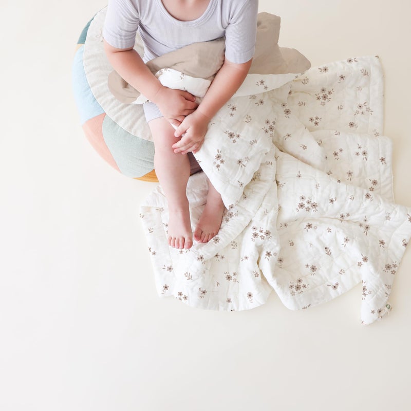 MakeMake Organics Organic Toddler Comforter GOTS Certified Organic Kids Blanket Cotton Infill Tufted - Reversible Ultra Soft Breathable Boys Girls (44"x60", Bloom + Solid Pecan) - Image 4