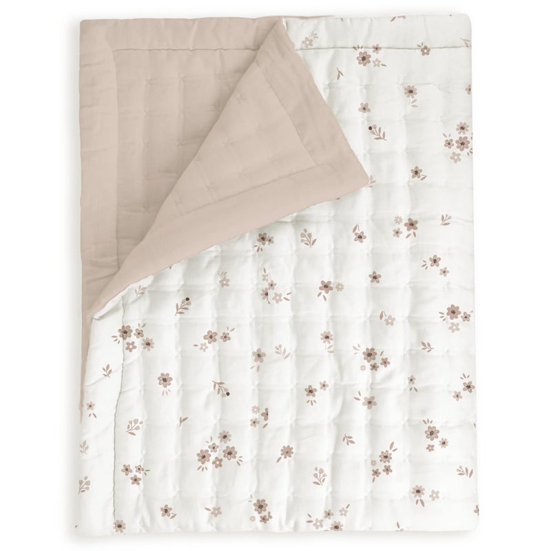 MakeMake Organics Organic Toddler Comforter GOTS Certified Organic Kids Blanket Cotton Infill Tufted - Reversible Ultra Soft Breathable Boys Girls (44"x60", Bloom + Solid Pecan) - Image 1