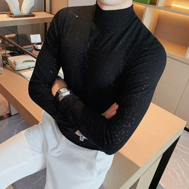 Half-High Collar Long-Sleeved T-Shirt Men'S New Fashion Brand High-End Men'S Casual Interior Slim-Fit Base Shirt - Image 1