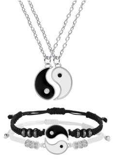 Yin Yang Friend or Couple Bracelet with Necklace Set, 2 Pieces Matching Yin Yang Adjustable Cord Bracelet, 2 Pieces Yin Yang Couple Pendant Necklace Chain for Friendship Boyfriend Girlfriend