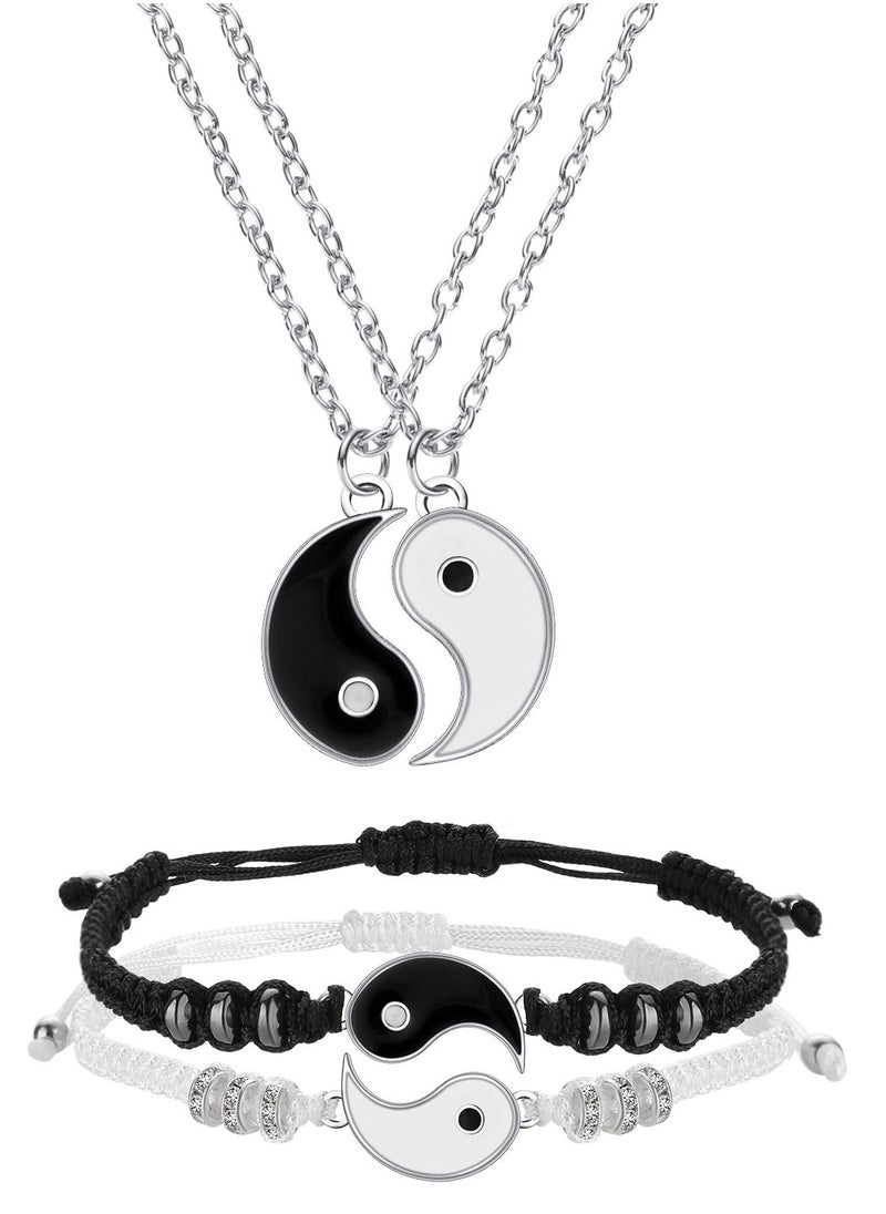 KASTWAVE - Yin Yang Friend or Couple Bracelet with Necklace Set, 2 Pieces Matching Yin Yang Adjustable Cord Bracelet, 2 Pieces Yin Yang Couple Pendant Necklace Chain for Friendship Boyfriend Girlfriend - Image 1