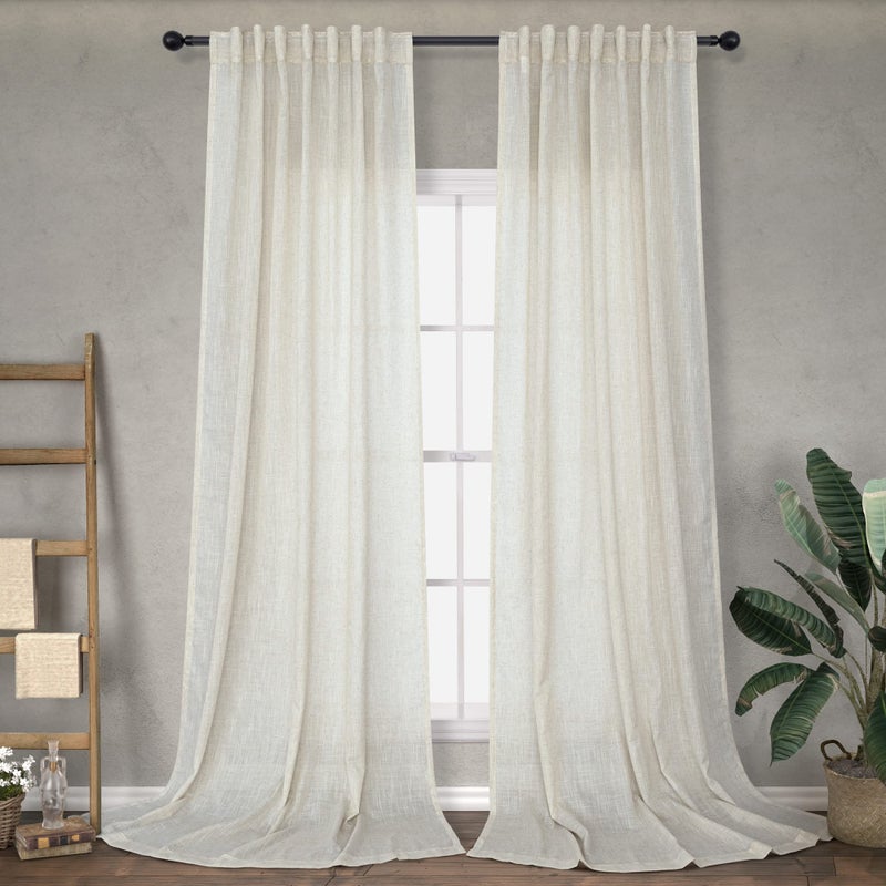 Natural Linen Curtains 90 Inches Long for Bedroom 2 Panel Back Tab Pocket Airy Light Weight Energy Efficient Semi Transparent Sheer Cream Curtain for Living Room Bay Window Modern Farmhouse Boho 52x90