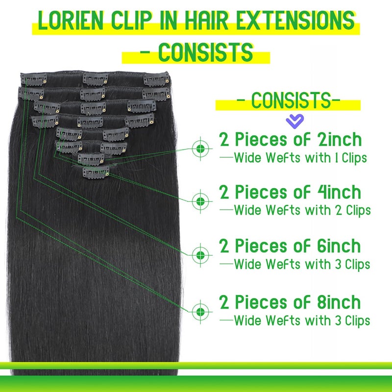 LORIEN Clip in Hair Extensions Real Human Hair, Clip in 100% Brazilian Remy Human Hair Extensions 8pcs Per Set with 18 Clips Double Weft, 22 Inch 110g, 1 Jet Black - Image 3