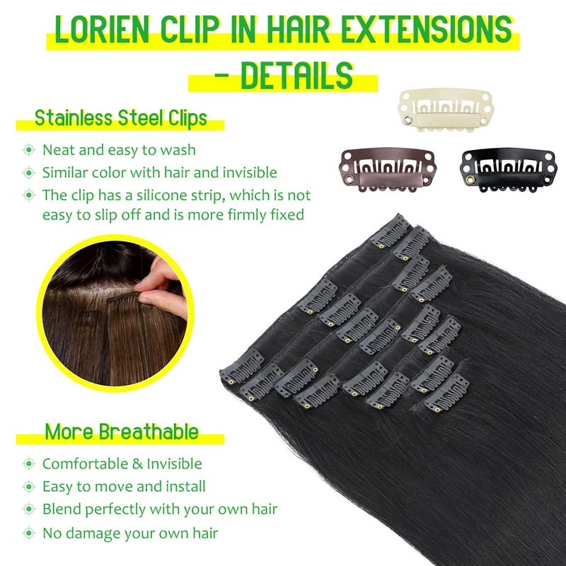 LORIEN Clip in Hair Extensions Real Human Hair, Clip in 100% Brazilian Remy Human Hair Extensions 8pcs Per Set with 18 Clips Double Weft, 22 Inch 110g, 1 Jet Black - Image 4