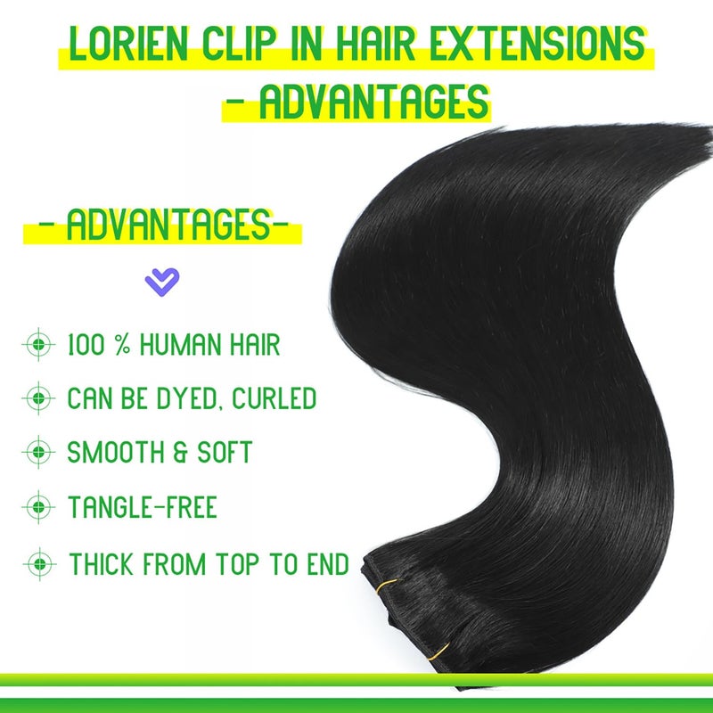LORIEN Clip in Hair Extensions Real Human Hair, Clip in 100% Brazilian Remy Human Hair Extensions 8pcs Per Set with 18 Clips Double Weft, 22 Inch 110g, 1 Jet Black - Image 2
