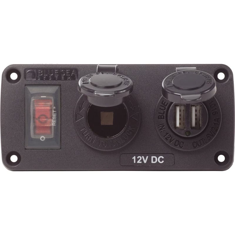 Blue Sea Systems 4363 Water-Resistant Accessory Panels, 15A Circuit Breaker, 12V Socket, 2.1A Dual USB Charger