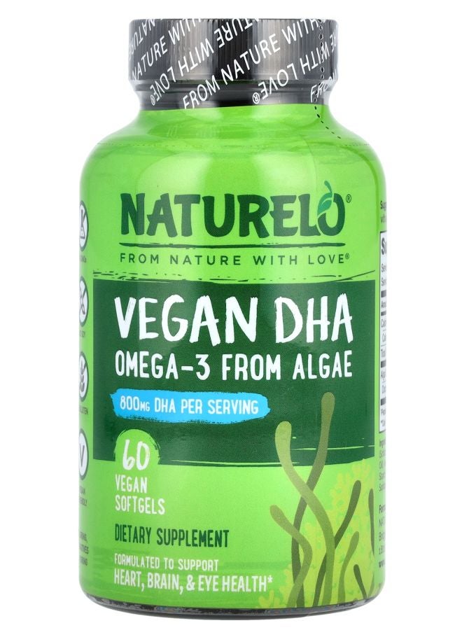 NATURELO Premium Supplements Vegan DHA Omega3 from Algae 800 mg 60 Vegan Softgels (400 mg per Softgel) 