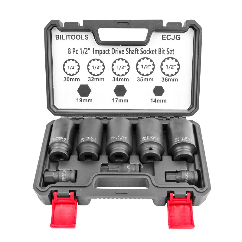 BILITOOLS 12 Point Axle Nut Socket Set 12 Drive Spindle Axle Nut Impact Deep Socket Set 14mm 17mm 19mm 30mm 32mm 34mm 35mm 36mm