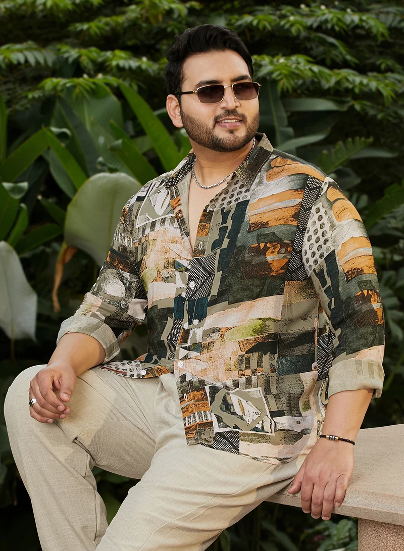 Instafab Plus Instafab Plus Men's Olive Green & Coffee Brown Earthy-Abstract Shirt For Casual Wear | Spread Collar | Long Cuffed Sleeves | Button Closure | Plus Size Shirt Crafted With Comfort Fit For Everyday Wear