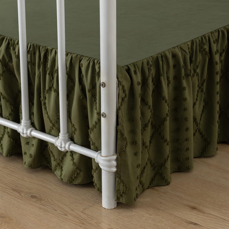 TSUTOMI Bed Skirt Queen Size Ruffled Bed Skirt with Split Corners, 12 Inch Drop Dust Ruffle Bed Skirts with Platform, Boho Tufted Shabby Chic Queen Size Bed Skirts, Olive Green - Image 1