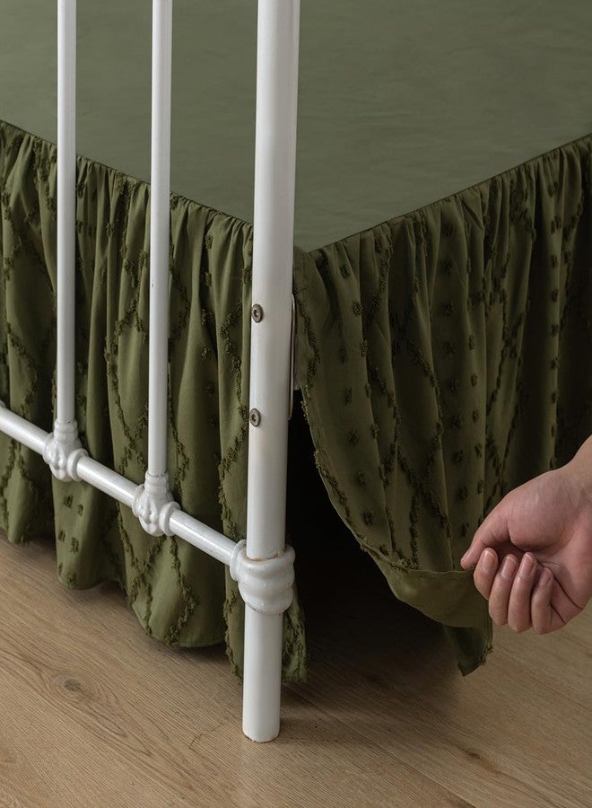 TSUTOMI Bed Skirt Queen Size Ruffled Bed Skirt with Split Corners, 12 Inch Drop Dust Ruffle Bed Skirts with Platform, Boho Tufted Shabby Chic Queen Size Bed Skirts, Olive Green - Image 2
