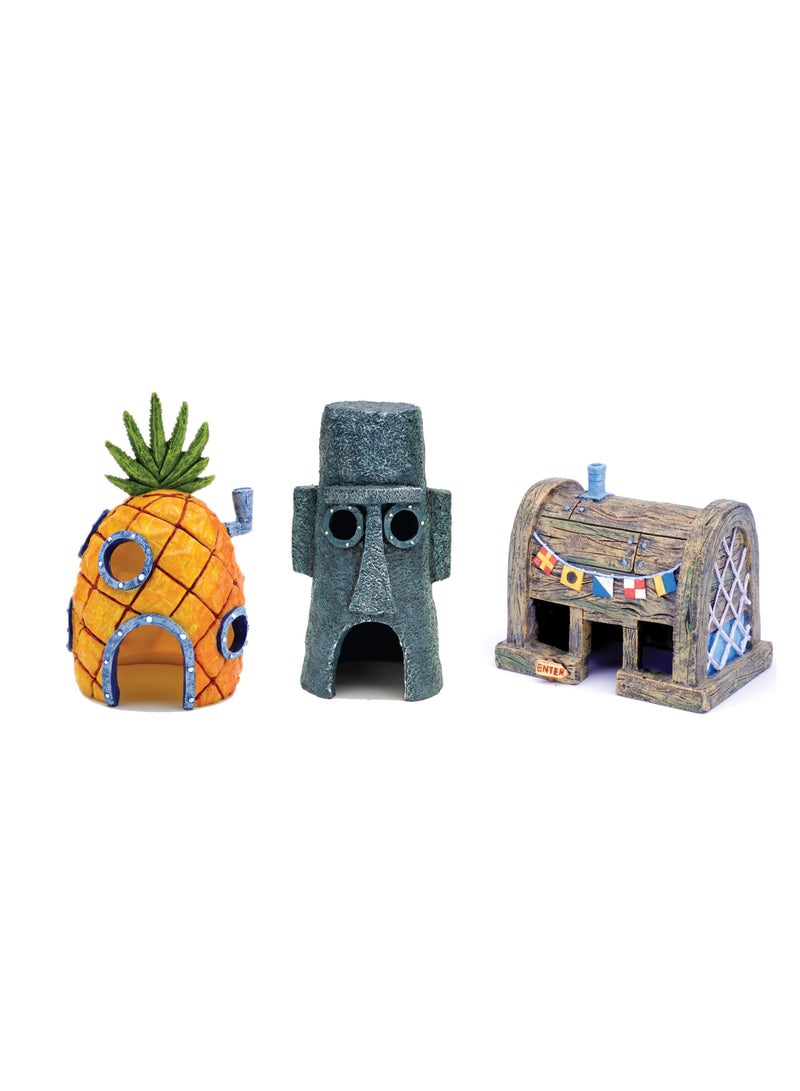 Excefore SpongeBob Squarepant Pineapple House, Fish Tank Decoration Aquarium Ornament Bridge Landscape Decorative, 3 Pcs Cartoon House Home, Pineapple, Stone Statue and Burger House - Image 1