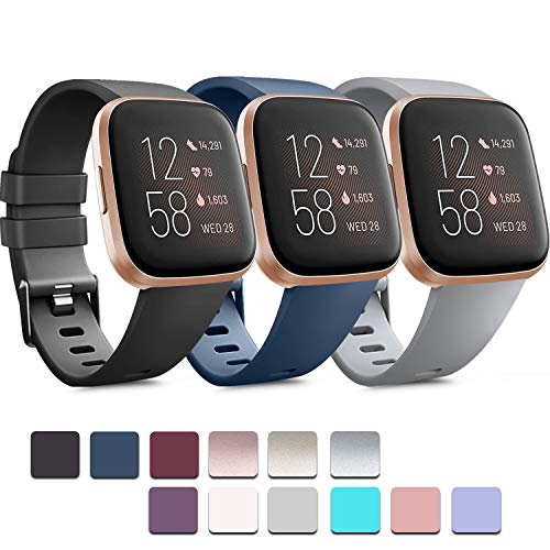 Meliya PACK 3 Soft Silicone Bands for Fitbit Versa 2 / Versa/ Versa Lite Classic Adjustable Sport Bands for Women Men Small Large(Without Tracker) (Small, Black+Blue+Grey)