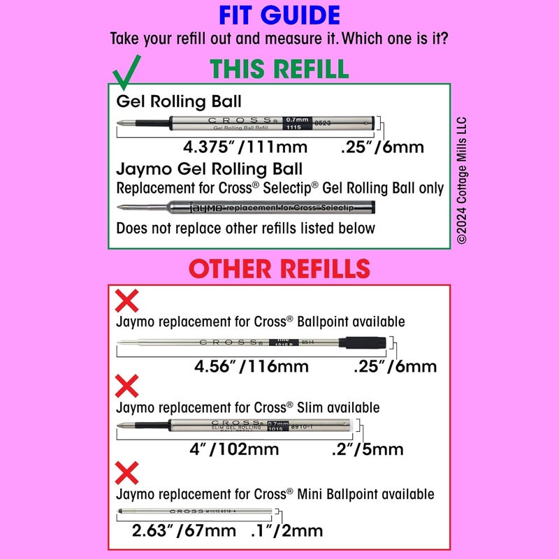Jaymo Replacement for Cross Selectip 8523 - Measures 4.375 in / 111 mm Long - Gel Rolling Ball Pen Refill - 6 Black - Image 4