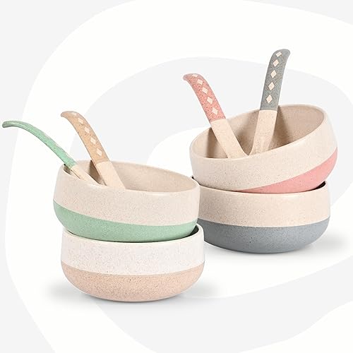 Eha Earth-Friendly Soup Bowls with Spoons|250 ml|Made with Rice Husk Biocomposite|Microwave Safe Bowls for Kitchen|Serving Bowl Set of 4|Pastel, Multicolor - Image 1