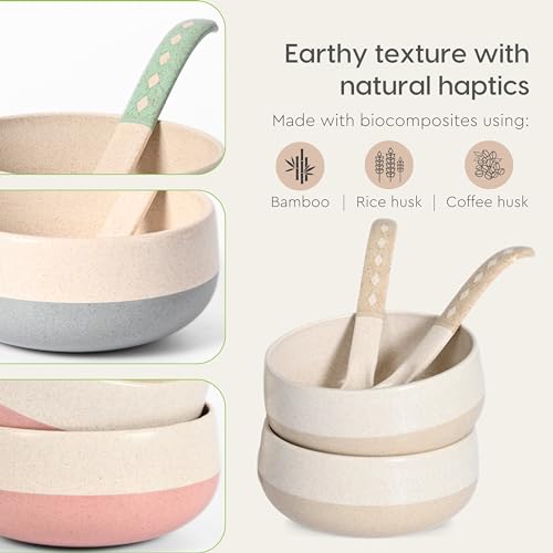 Eha Earth-Friendly Soup Bowls with Spoons|250 ml|Made with Rice Husk Biocomposite|Microwave Safe Bowls for Kitchen|Serving Bowl Set of 4|Pastel, Multicolor - Image 5