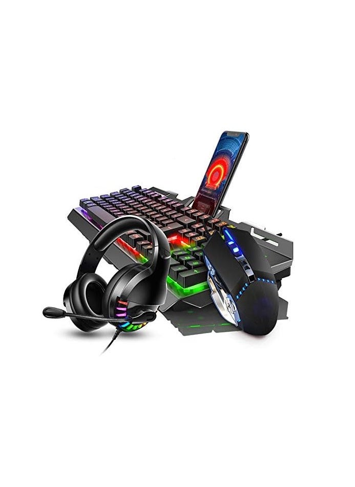 MEC - MEC 3 IN 1 Colorful Backlit Wired RGB Gaming Keyboard & Mouse Combo Set (Keyboard, Mouse, Headphone) With Mobile Phone Holder (BLACK) - Image 1