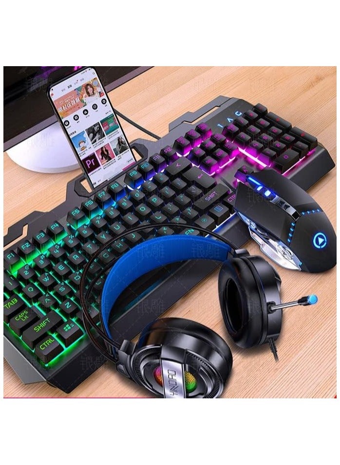 MEC - MEC 3 IN 1 Colorful Backlit Wired RGB Gaming Keyboard & Mouse Combo Set (Keyboard, Mouse, Headphone) With Mobile Phone Holder (BLACK) - Image 1