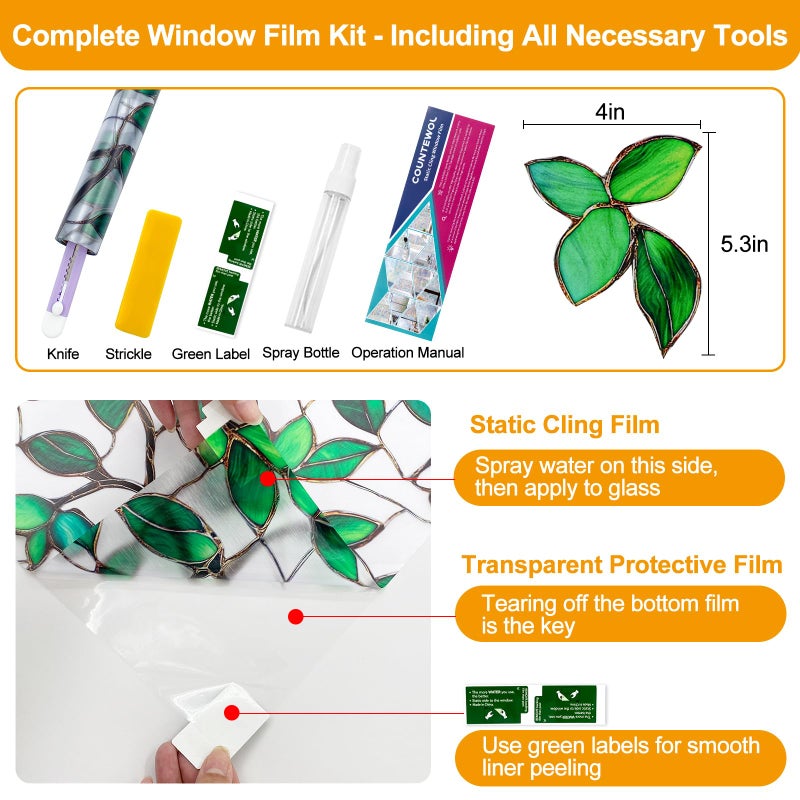 Countewol Greenery Leaf Static Cling Window Film Frosted Stained Glass Privacy Anti-Glare UV Protection for Home & Bathroom (Textured Greenery Leaf, 17.5 x 78.7 in) - Image 2
