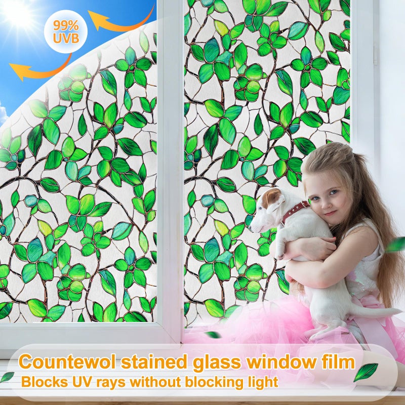 Countewol Greenery Leaf Static Cling Window Film Frosted Stained Glass Privacy Anti-Glare UV Protection for Home & Bathroom (Textured Greenery Leaf, 17.5 x 78.7 in) - Image 5
