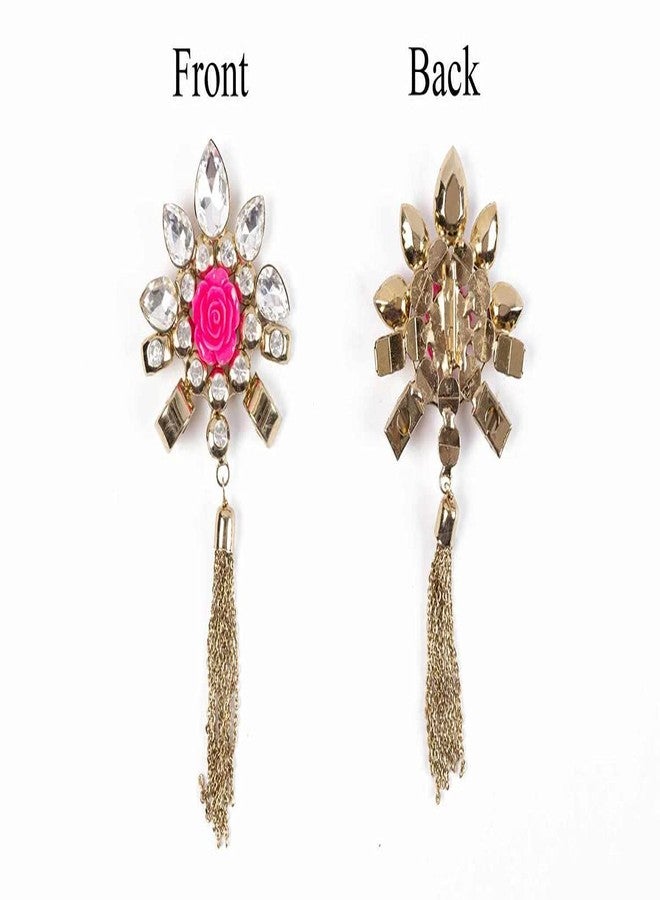 Mohan Shoppe Pink Golden Flower Brooch with Stones for Clothes,Dress Lapel,Boys and Men Size- 6.1 cm X 12.9 cm Approx,Package of 1 Piece - Image 3
