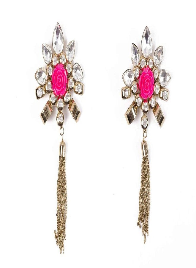 Mohan Shoppe Pink Golden Flower Brooch with Stones for Clothes,Dress Lapel,Boys and Men Size- 6.1 cm X 12.9 cm Approx,Package of 1 Piece - Image 2