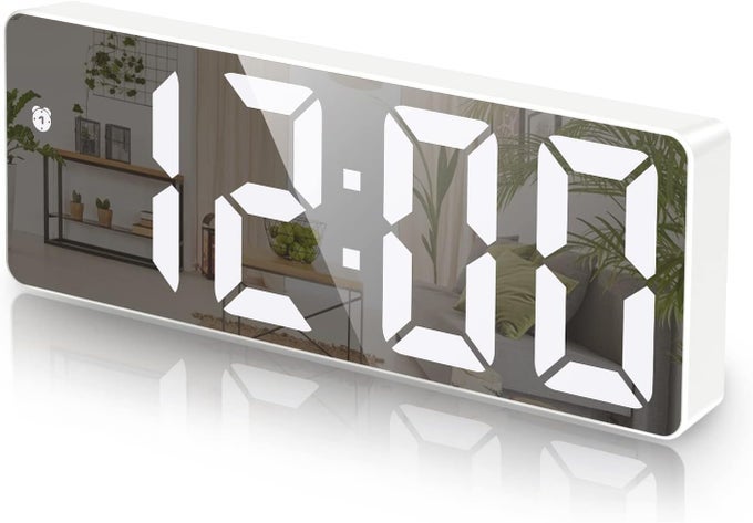 LED MIRROR DIGITAL ALARM CLOCK ELECTRONIC DESKTOP TEMPERATURE DISPLAY WITH 3 WAYS ADJUSTABLE BRIGHTNESS 1224H CLOCK 65 INCH SCREEN SNOOZE TIMING DIMMER POWER SAVING FUNCTION WHITE 1PCS