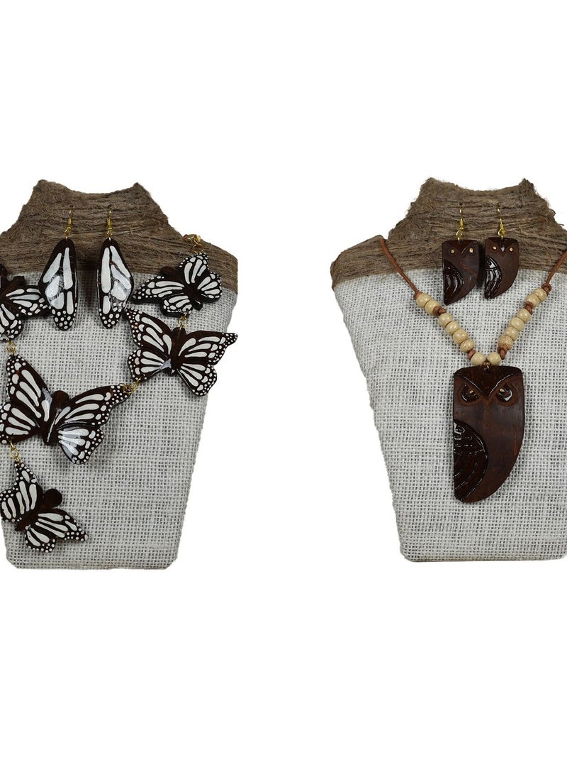 إن إتش قلادة فراشة على شكل بومة بتصميم حيوان مصنوع يدويًا من قشرة جوز الهند من N&H مع أقراط متطابقة ، عبوة كومبو مكونة من قطعتين - Image 1